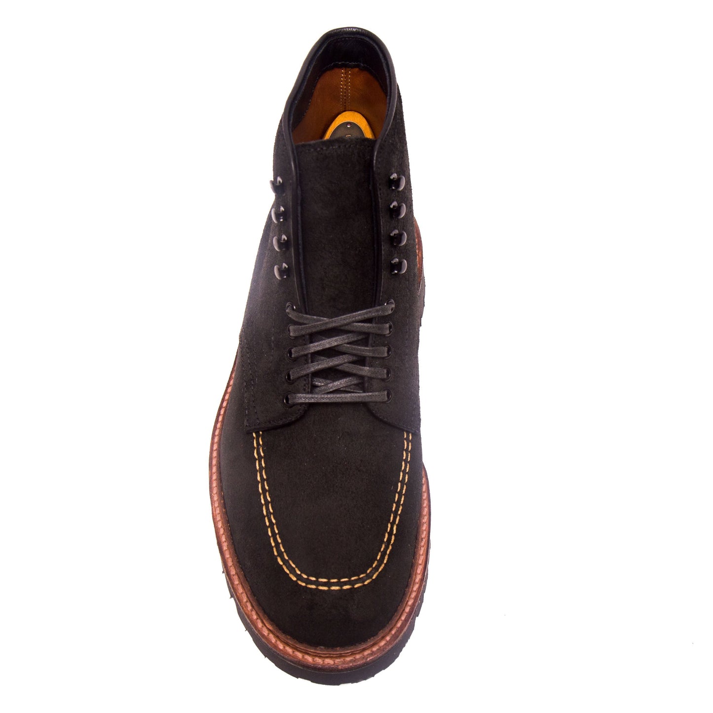 The Alden Madison D9916H Indy Boot in Earth Reverse Chamois features bronze eyelets with speed hooks, black leather laces, and brown stitching. It includes a rugged Vibram heavy lug outsole and is shown from above against a white background.