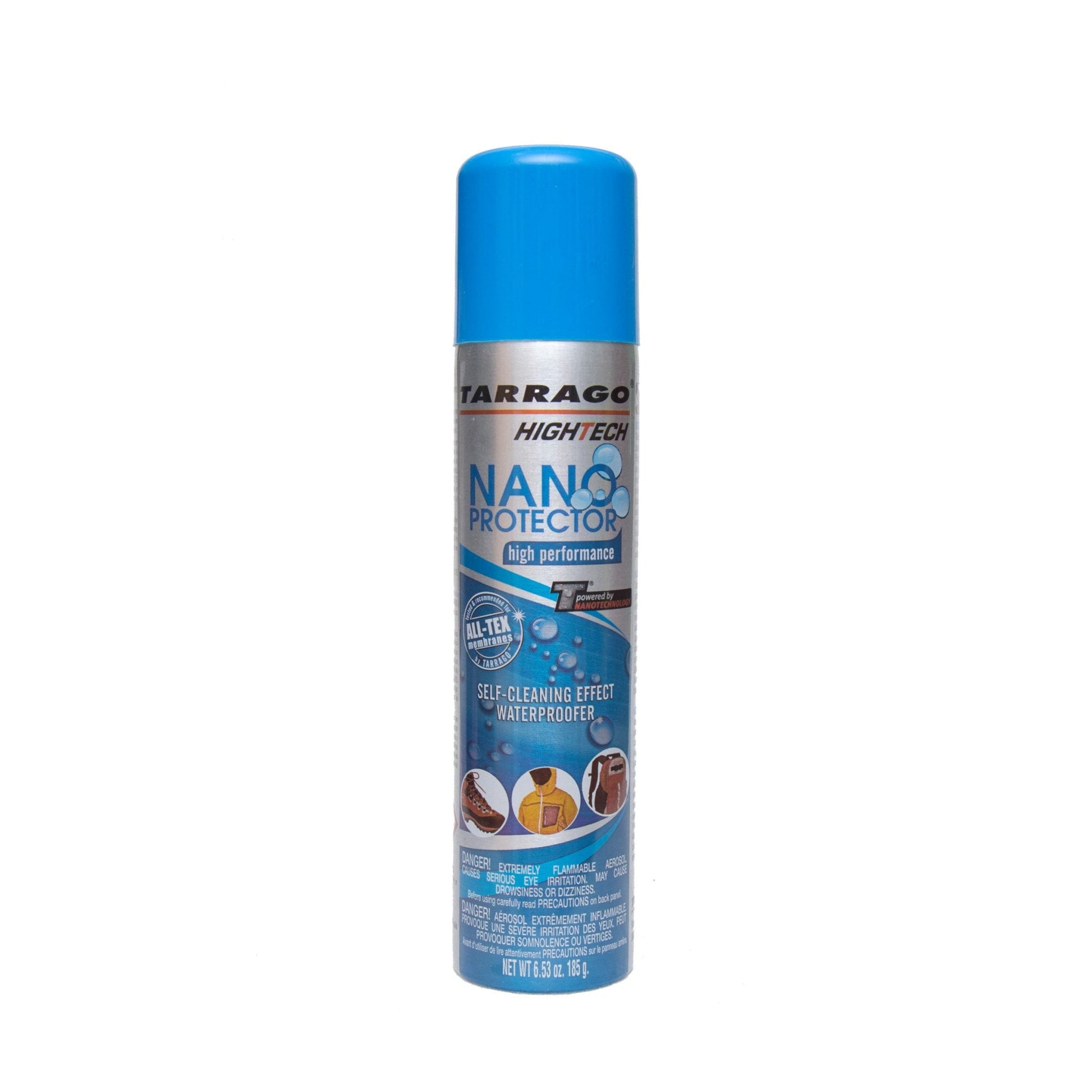 A blue and silver spray can of Alden Madison Nano Suede Protector, designed for leather and suede. It is high performance, self-cleaning, waterproofs against water and oil stains, with a capacity of 250 ml (8.8 fl oz).