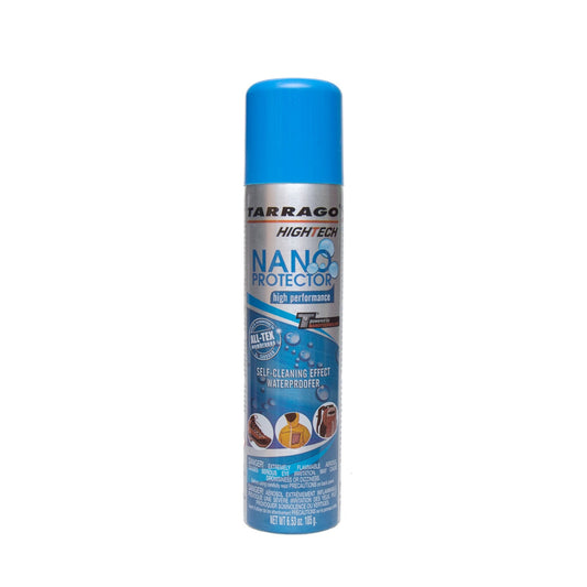 A blue and silver spray can of Alden Madison Nano Suede Protector, designed for leather and suede. It is high performance, self-cleaning, waterproofs against water and oil stains, with a capacity of 250 ml (8.8 fl oz).