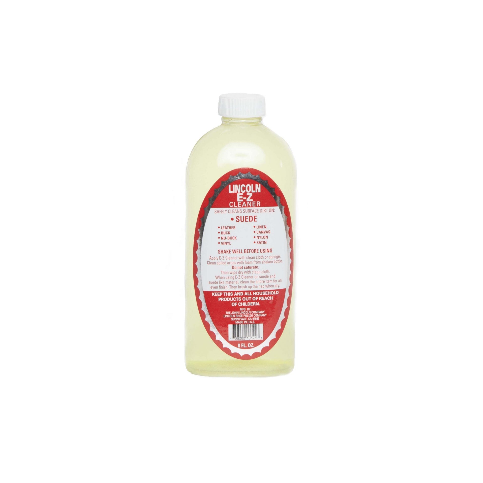A clear bottle labeled Lincoln E-Z Cleaner by Alden Madison features a red and white design, ideal for cleaning leather and suede. It effectively removes surface dirt, with instructions to shake well before use. The bottle is displayed on a plain white background.