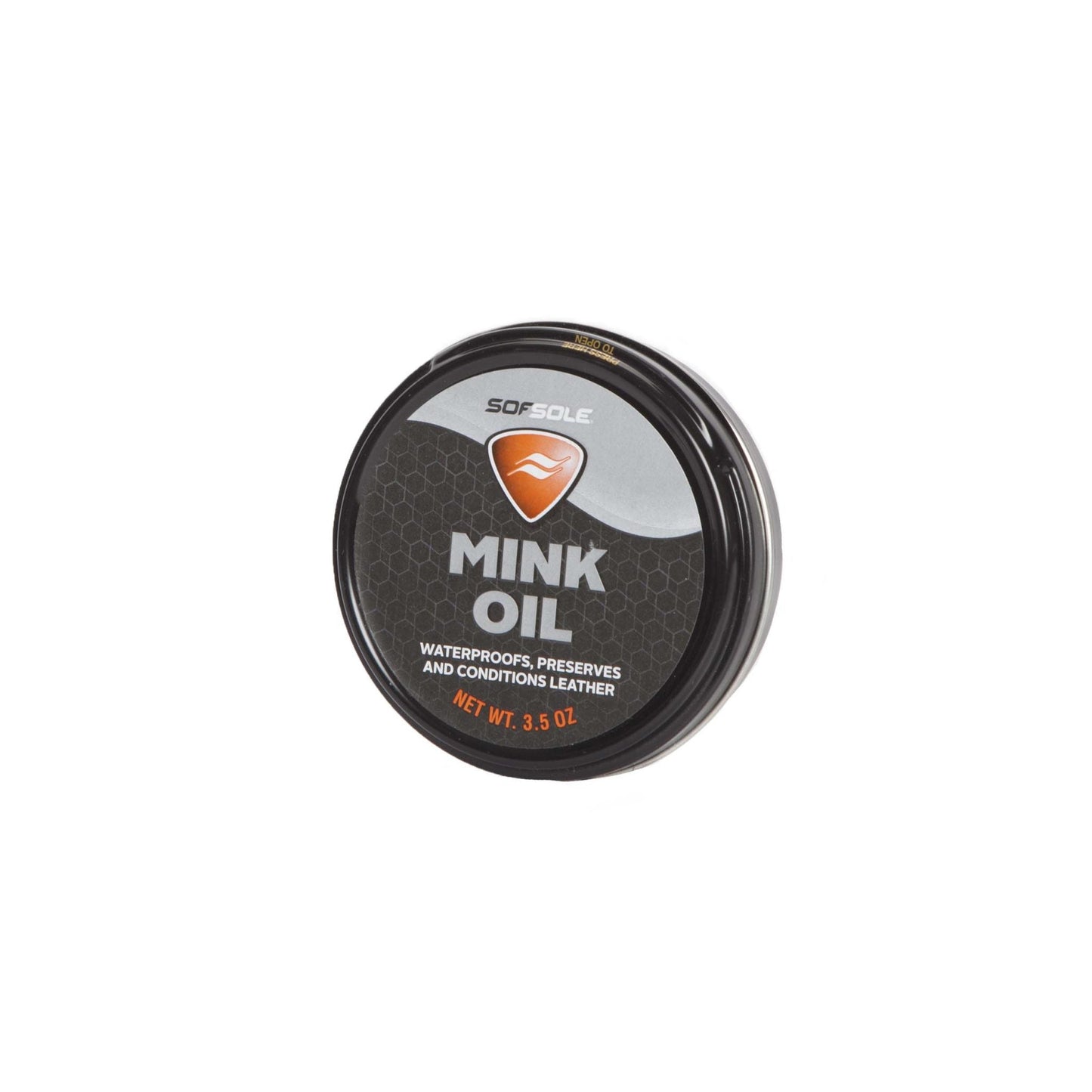 A round black tin labeled Alden Madison Mink Oil, a 3.5 oz leather conditioner that waterproofs, preserves, and conditions calfskin and Chromexcel leather, is shown against a white background.