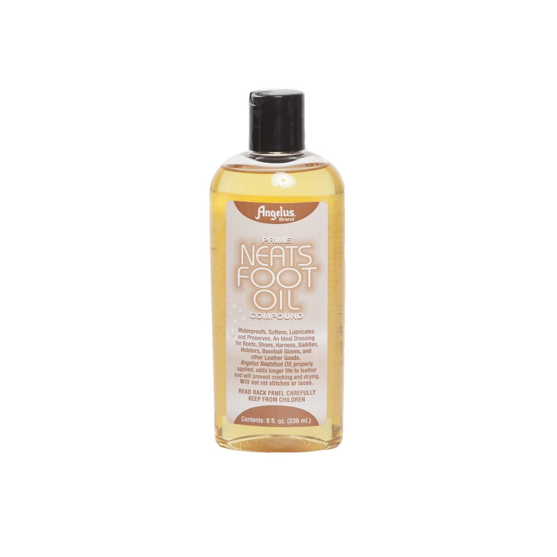 The 8 fl oz (236 mL) Alden Madison Neats Foot Oil features a black cap and is ideal for leather goods. According to the label, it waterproofs, softens, and lubricates leather.