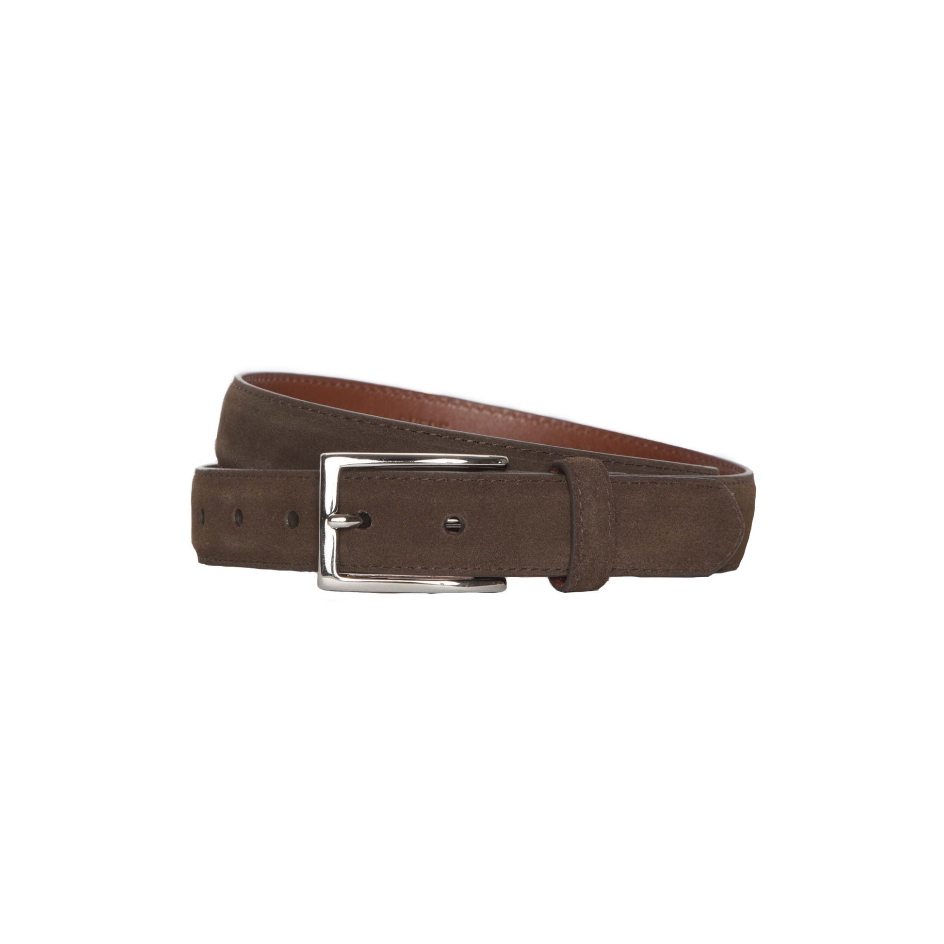 The MB 5215- Brown Suede 35mm belt from Alden Madison, with a nickel buckle and multiple adjustment holes, is elegantly coiled for display.