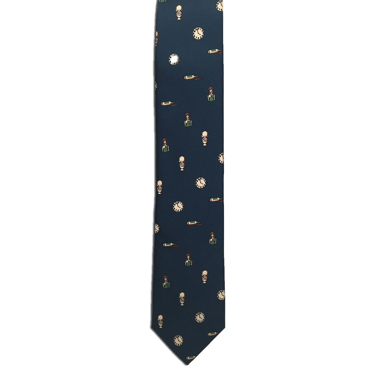 Alden Madison’s “Baseball Score (Blue)” is a dark blue silk twill tie adorned with a repeating pattern of baseball players in various poses and iconic game motifs—a perfect choice for those who appreciate novelty neckties.