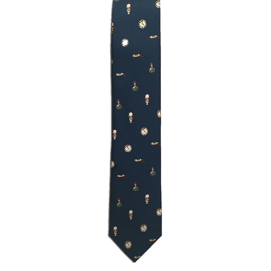 Alden Madison’s “Baseball Score (Blue)” is a dark blue silk twill tie adorned with a repeating pattern of baseball players in various poses and iconic game motifs—a perfect choice for those who appreciate novelty neckties.