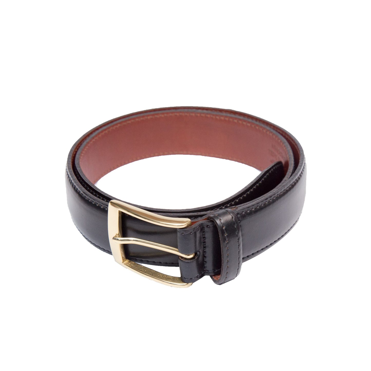 Alden Madisons B502 - Black Shell belt has a 35mm gold buckle and is rolled into a circle, showcasing its contrasted brown interior against the sleek black leather exterior.