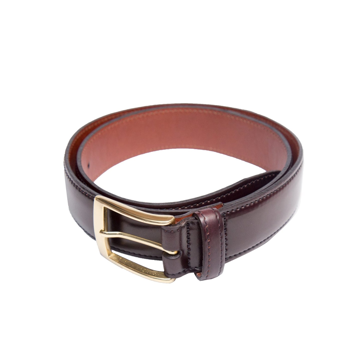 The Alden Madison A502 - Color 8, 35mm belt showcases exquisite craftsmanship with visible edge stitching. Crafted from Horween Shell Cordovan in brown, it features a shiny gold buckle set on a plain white background.