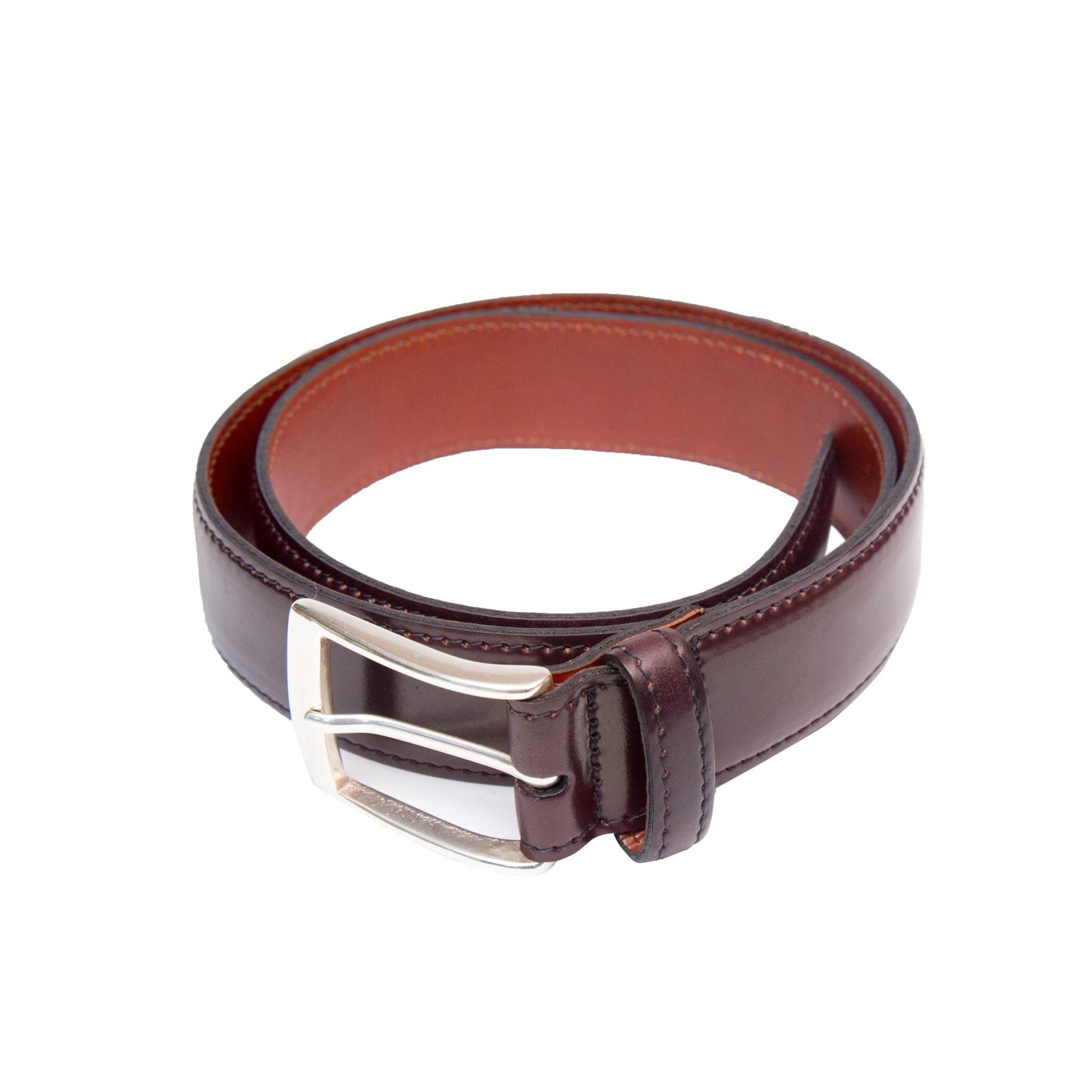 The Alden Madison Color 8 belt features a 35mm width, Horween Shell Cordovan leather in a deep brown hue, and a nickel buckle, shown coiled on a white background.