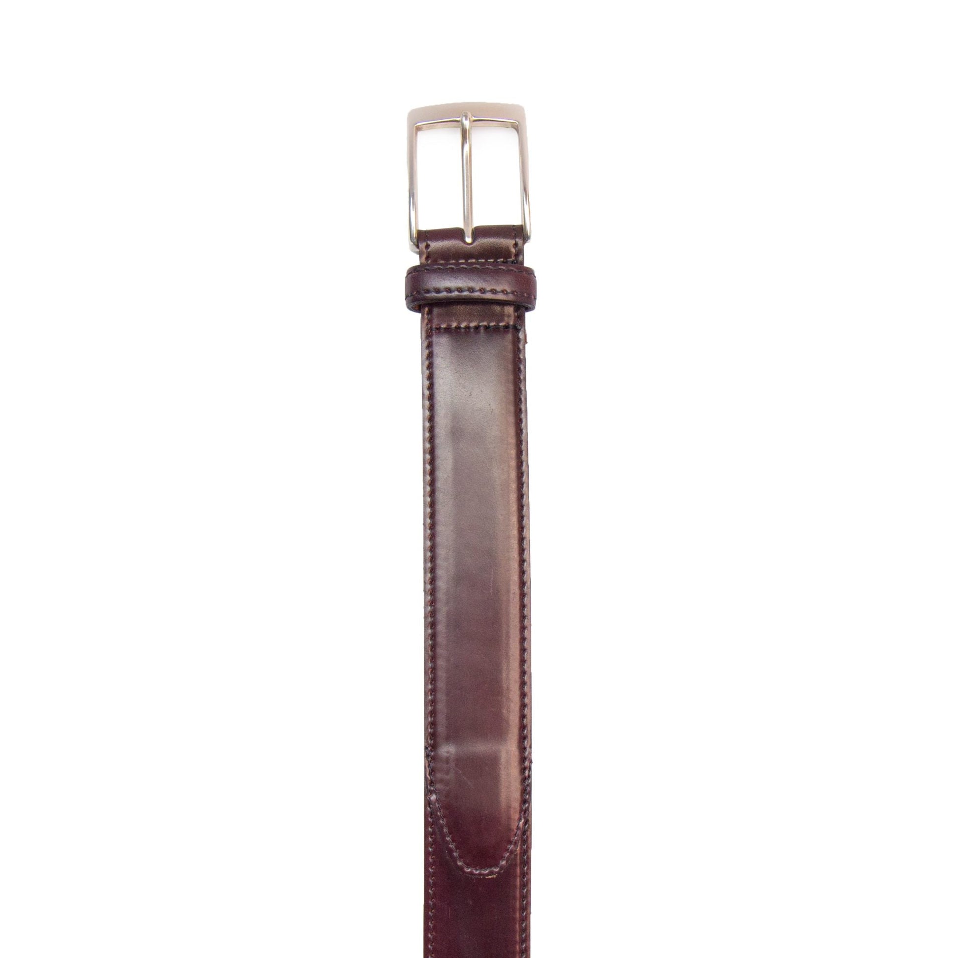 Alden Madison’s A501 - Color 8, 35mm belt, crafted from Horween Shell Cordovan leather with a nickel rectangular buckle, is shown vertically against a white background.
