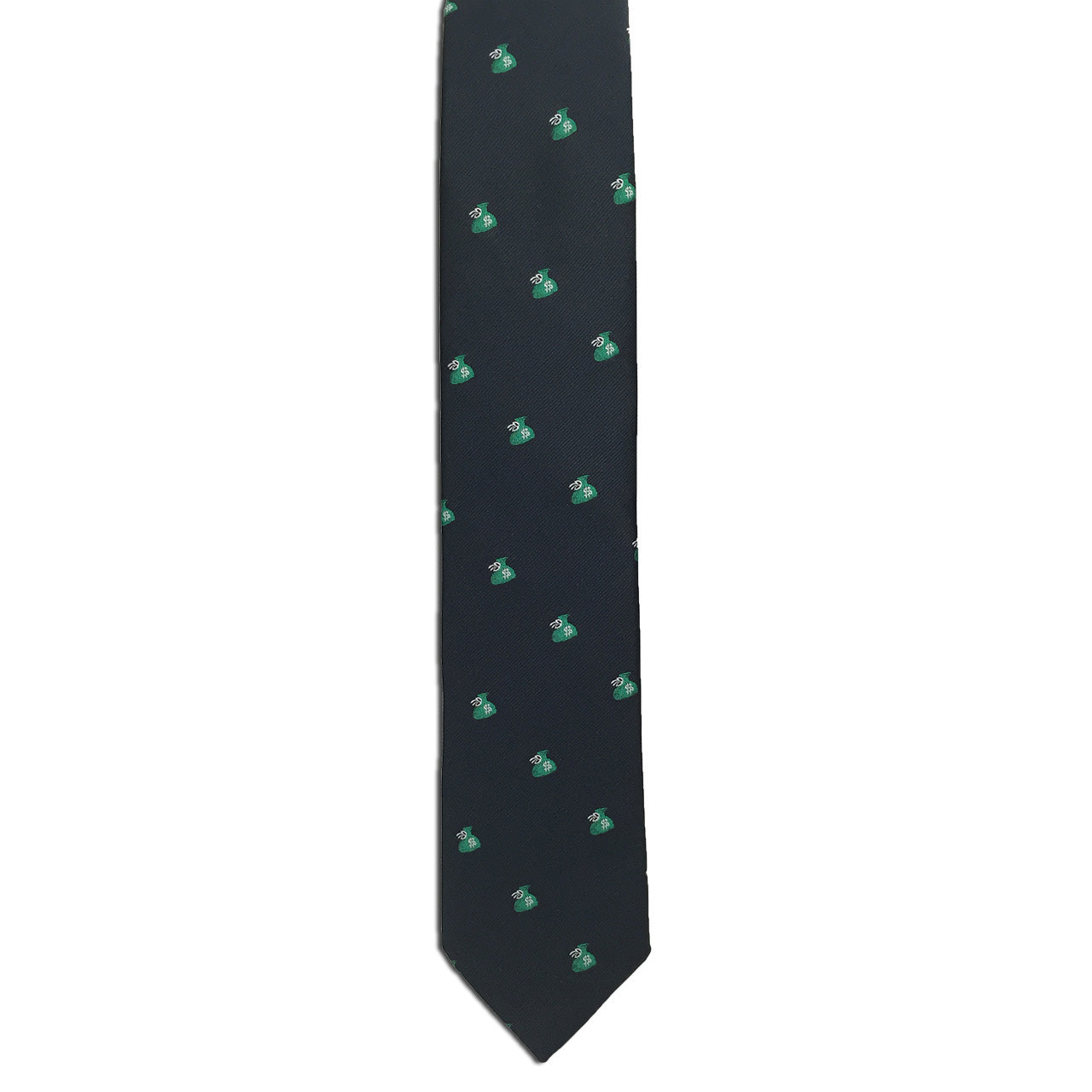 The Money Bags (Green) necktie by Alden Madison is a dark silk tie featuring a repeating small green money bag pattern, displayed on a white background—an ideal choice for those who appreciate novelty neckwear with vintage flair.