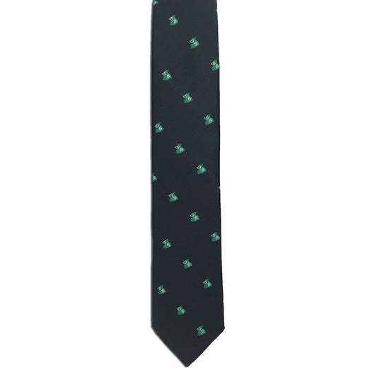 The Money Bags (Green) necktie by Alden Madison is a dark silk tie featuring a repeating small green money bag pattern, displayed on a white background—an ideal choice for those who appreciate novelty neckwear with vintage flair.