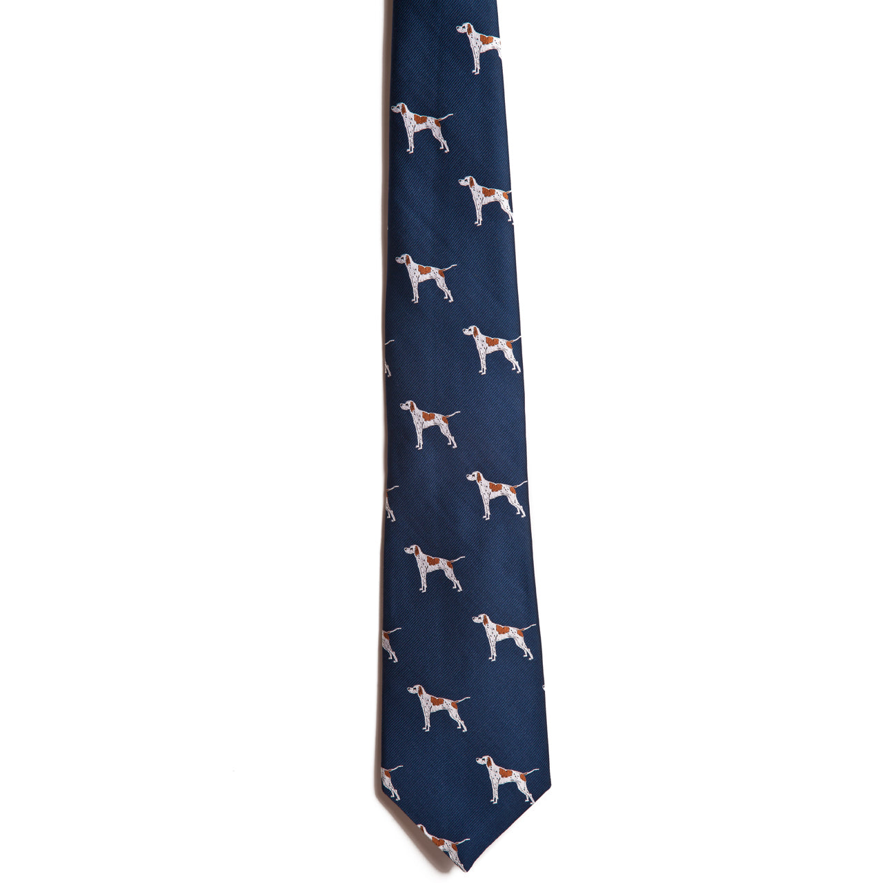 The Alden Madison English Pointer is a navy blue silk jacquard tie featuring a repeating pattern of white and brown English Pointer dog illustrations.