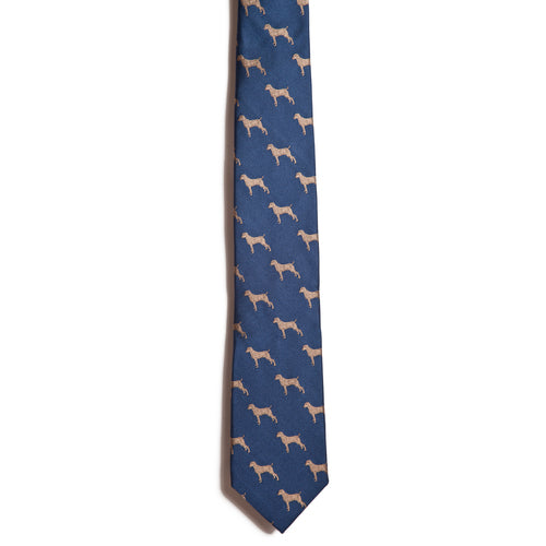 The Alden Madison Weimaraner tie features a refined silk jacquard design with a blue background and repeating tan Weimaraner dog silhouettes.