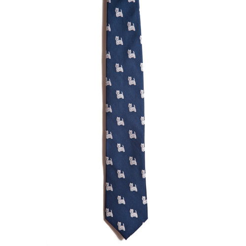 The Alden Madison West Highland Terrier is a blue silk dog tie with a repeating pattern of small white and gray cartoon dogs, shown on a plain white background.