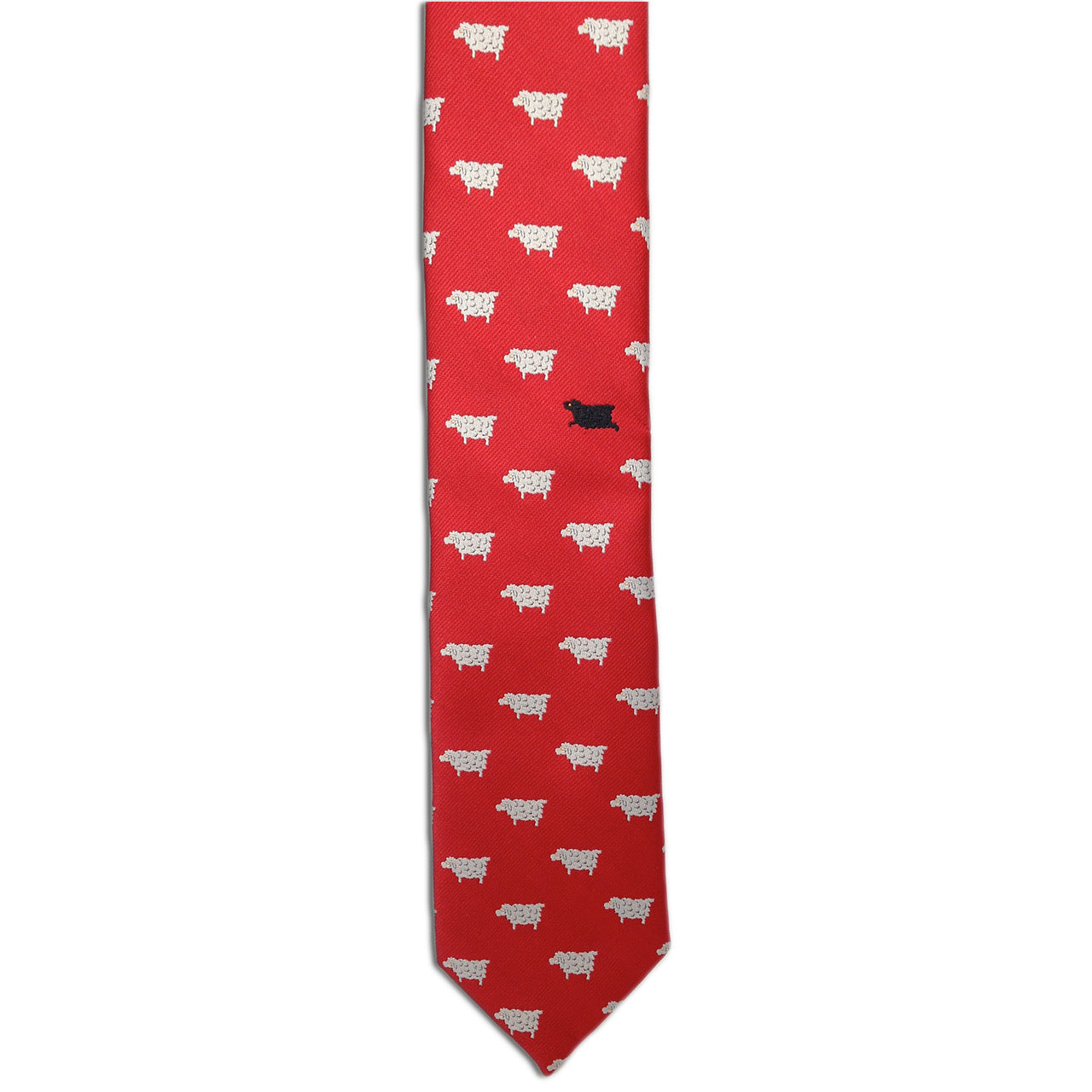 The Black Sheep necktie from Alden Madison features a vintage design with playful, evenly distributed white sheep motifs and one black sheep, creating a whimsical contrast that makes it a standout novelty tie.