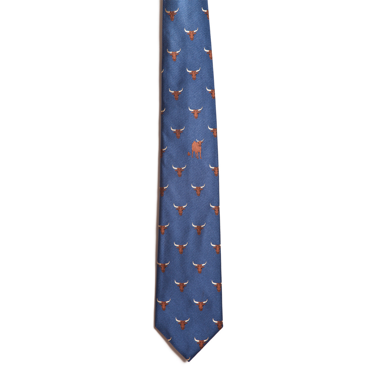 The Alden Madison Bullsh*t Tie is a 100% silk blue necktie featuring small orange and white longhorn steer heads and one larger orange steer—perfect for fans of unique, novelty accessories.