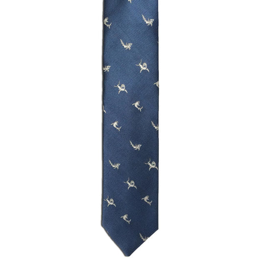 An eye-catching blue novelty necktie from Alden Madison, featuring a pattern of small white embroidered sharks evenly spaced across the silk fabric—perfect for those who appreciate unique and distinctive neckties.