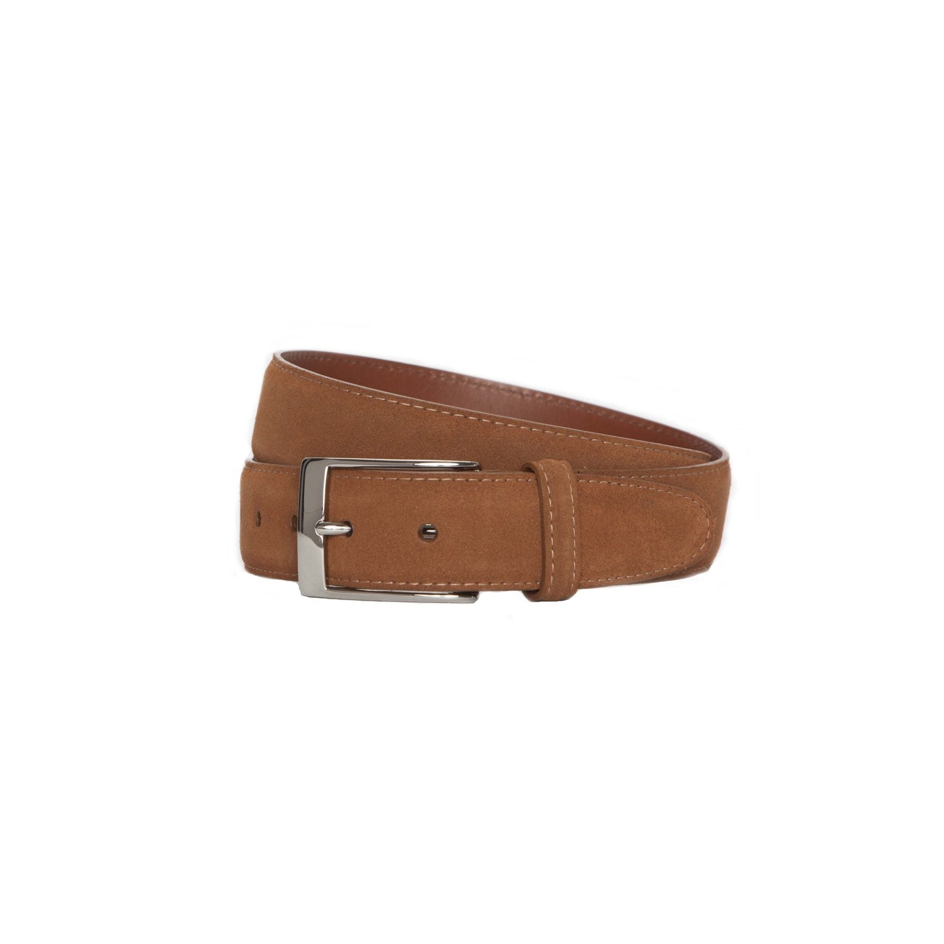 The Alden Madison MB 5214 Snuff Suede belt, sized at 35mm and featuring a nickel buckle, is neatly rolled with visible stitching along its edges.