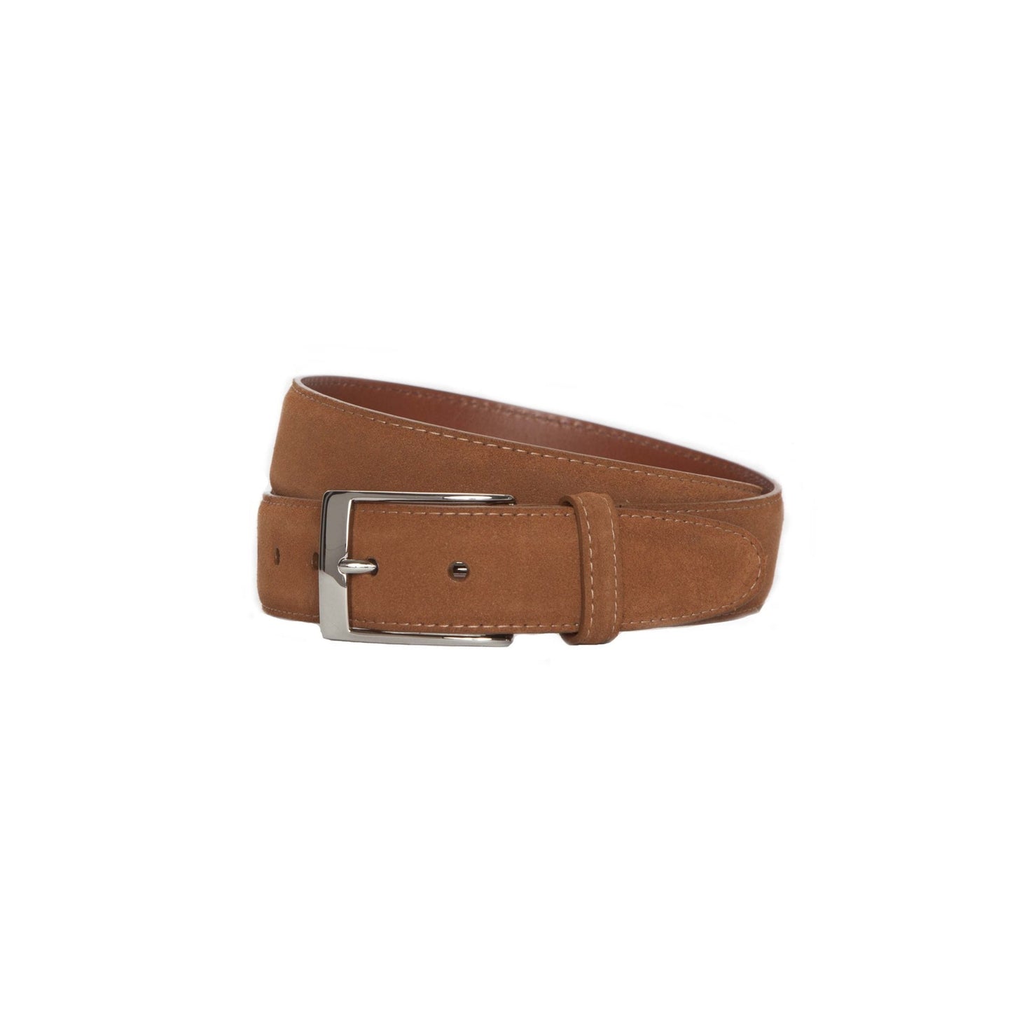 The Alden Madison MB 5214 Snuff Suede belt, with a sleek nickel buckle and 35mm width, is elegantly displayed against a plain white background.