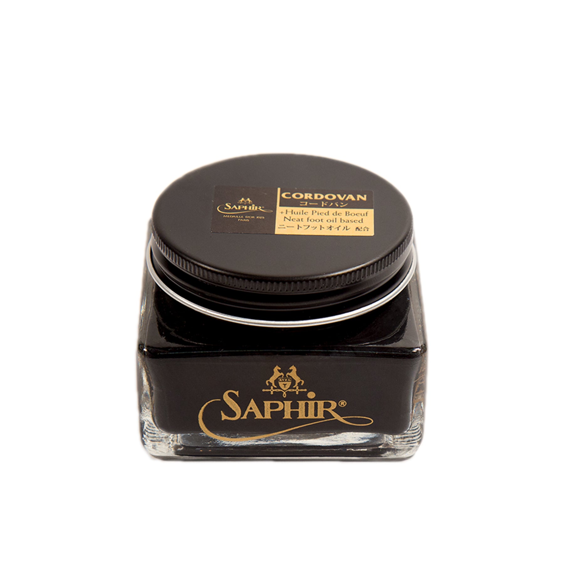 Alden Madisons Saphir Cordovan Cream comes in a square glass jar with a black lid, marked with Cordovan and Huile à Base de Bœuf. Its suited for Shell Cordovan Leather maintenance and contains both English and likely Japanese text. The product inside is dark.